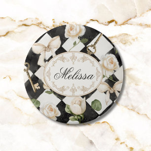 Monogramm Vintage-Rosen-Blumen-Schwarz-Weiß-Diaman Button