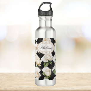 Monogramm Vintage-Rosen-Blumen Schwarz-Weiß-Diaman Edelstahlflasche
