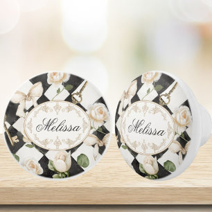 Monogramm Vintage-Rosen-Blumen-Schwarz-Weiß-Diaman Keramikknauf