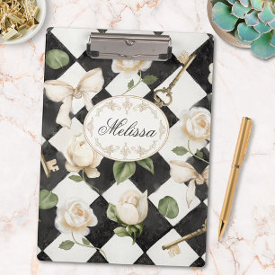 Monogramm Vintage-Rosen-Blumen-Schwarz-Weiß-Diaman Klemmbrett