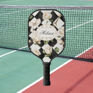 Monogramm Vintage-Rosen-Blumen-Schwarz-Weiß-Diaman Pickleball Schläger
