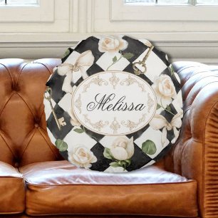 Monogramm Vintage-Rosen-Blumen-Schwarz-Weiß-Diaman Rundes Kissen