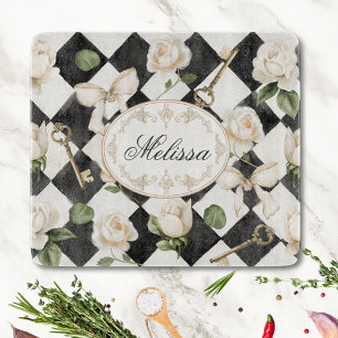 Monogramm Vintage-Rosen-Blumen-Schwarz-Weiß-Diaman Schneidebrett