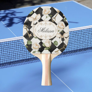 Monogramm Vintage-Rosen-Blumen Schwarz Weiß Diaman Tischtennis Schläger