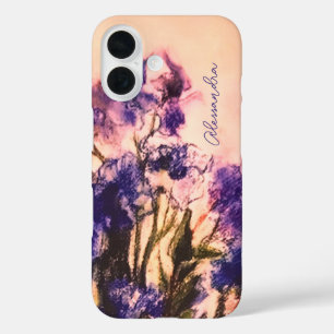 Monogramm Vintage Rustikal Floral Blau Lila Grün iPhone 16 Hülle