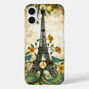 Monogramm Vintage Vogel Eiffelturm iPhone 16 Plus Hülle