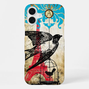 Monogramm Vintage Vogel Eiffelturm Steampunk iPhone 16 Plus Hülle