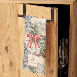 Monogramm Vintage Winterdorf Weihnachten Rote Schl Geschirrtuch