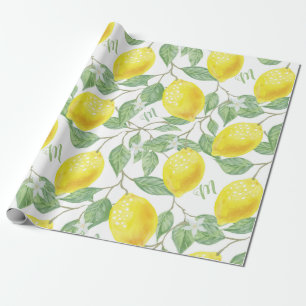 Monogramm Vintage Zitronenfrüchte Blätter und Bl Geschenkpapier