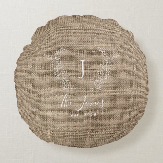Monogramm Vintager Bauernjute Rundes Kissen (Vorderseite)
