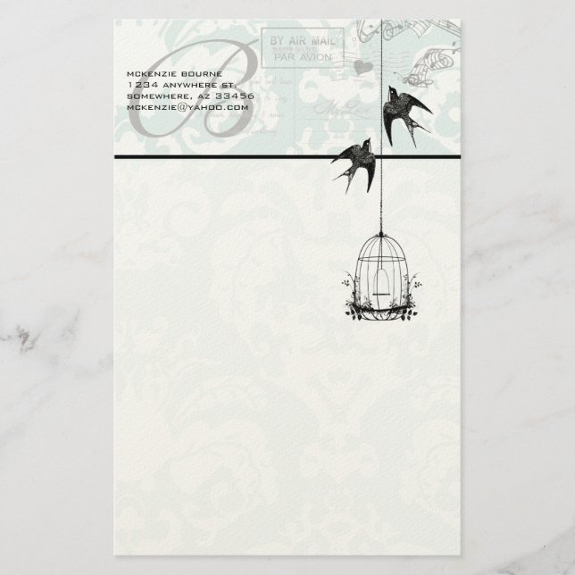 Monogramm Vintager Vogelkäfig mit Vogelluftpost Briefpapier (Vorderseite)