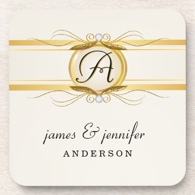 Monogramm-Vintages Goldweißes Untersetzer-Set Getränkeuntersetzer (Vorderseite)