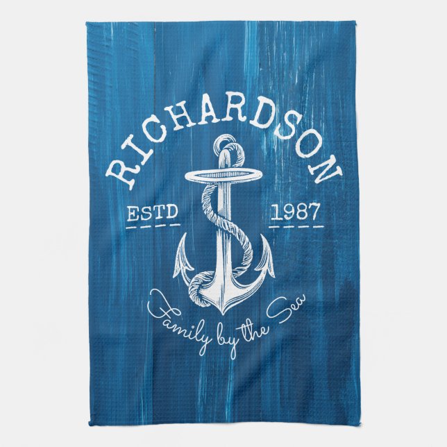 Monogramm-Vintages Seeanker-Blau hölzern gemalt Handtuch (Vertikal)