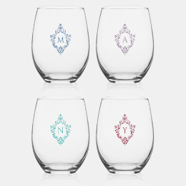 Monogramm Vintages Wappen Blau Lila Aquamarin Burg Weinglas Ohne Stiel