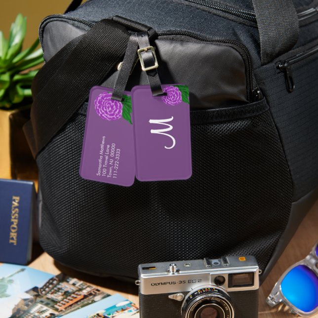 Monogramm Violette Lila-Blüten-Wasserfarbe  Gepäckanhänger (Vorderseite & Rückseite)