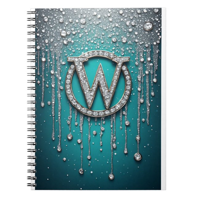 Monogramm W auf glänzendem Türkis-Glitter Notizblock (Vorderseite)