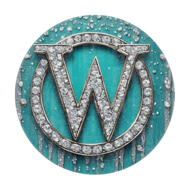 Monogramm W auf glänzendem Türkis-Glitter Schneidebrett (Vorderseite)