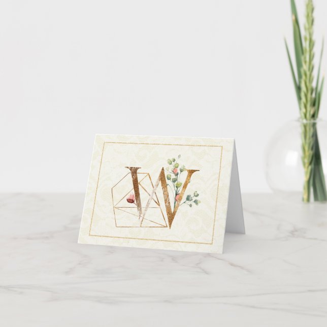 Monogramm W Floral Note Card Gold Karte (Vorderseite)