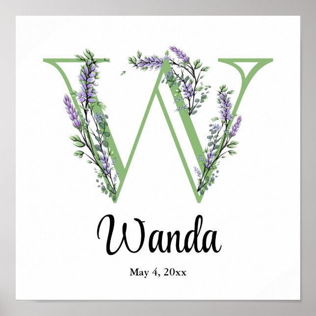 Monogramm W Lavendel Eukalyptus Poster Kinderzimme (Vorne)