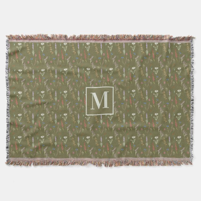 Monogramm-Waldgrün-Aquarell-Wildblumengarten Decke (Vorderseite)