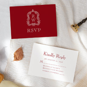 Monogramm-Wappen Cranberry-Rot Hochzeit RSVP Karte