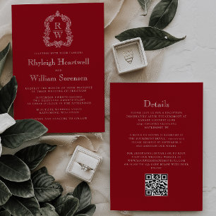 Monogramm-Wappen Cranberry-Rot QR-Code-Hochzeit Einladung