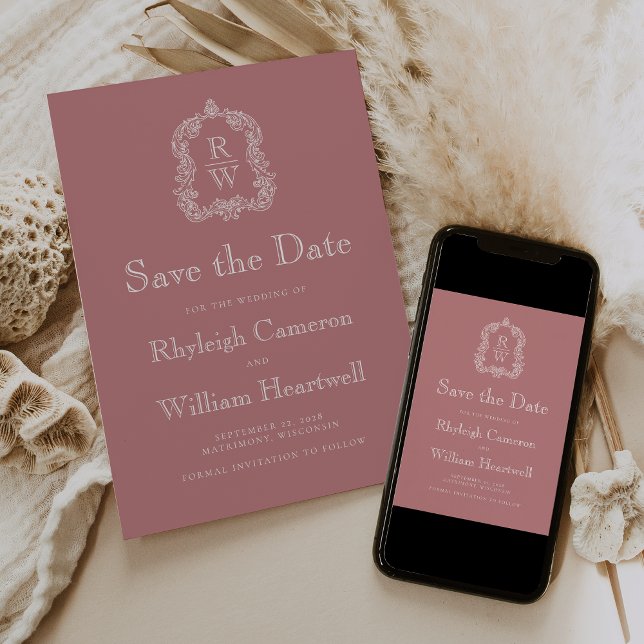 Monogramm-Wappen der klassischen Dusty-Rose Save The Date (Von Creator hochgeladen)