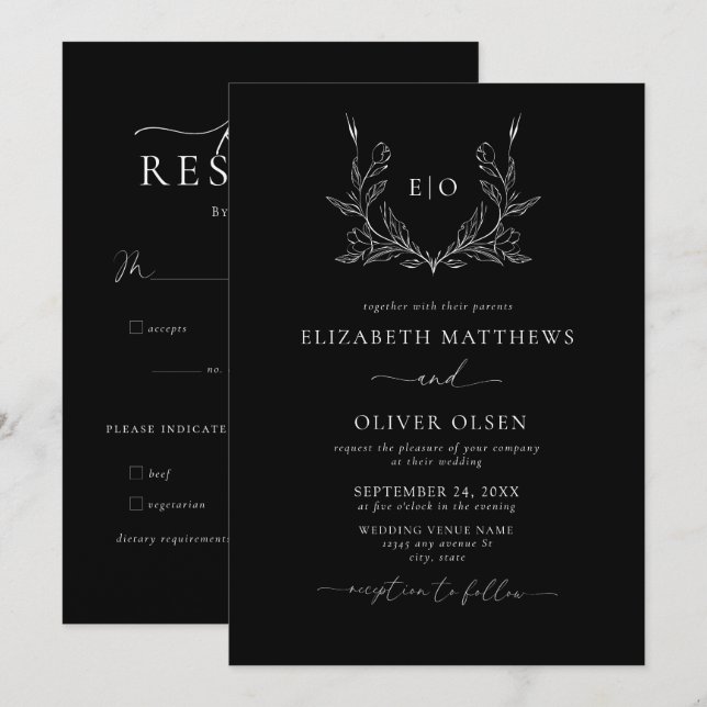 Monogramm-Wappen | Moderne Minimalistische Hochzei Einladung (Vorne/Hinten)