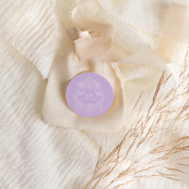 Monogramm-Wappen-Ornament Lila Violett Hochzeit Runder Aufkleber (Von Creator hochgeladen)