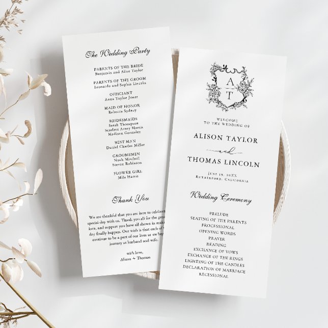 Monogramm-Wappen Schwarz | White Wedding Program C Menükarte (Von Creator hochgeladen)