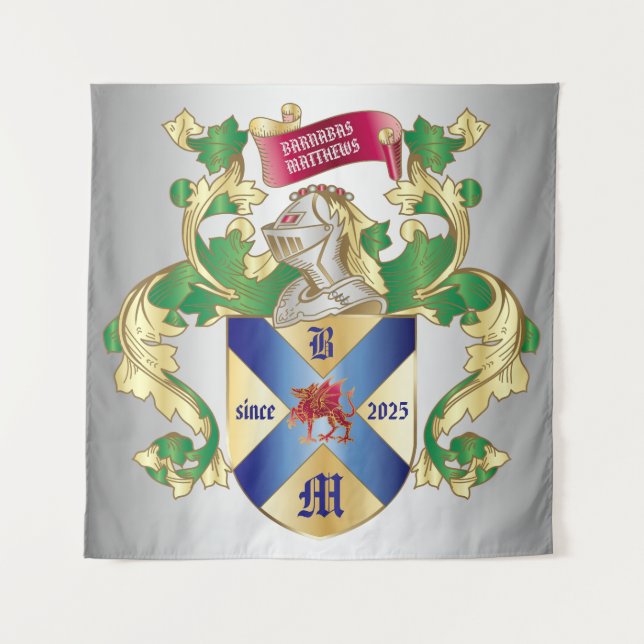 Monogramm Wappen Silberschild-Drache Wandteppich (Vorderseite)