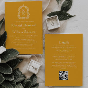 Monogramm-Wappen-Tagetes-Gelb QR-Code-Hochzeit Einladung