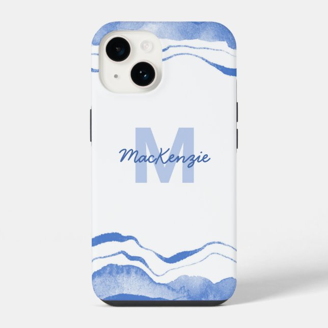 Monogramm-Wasserfarbe-Abstrakt Blau iPhone Hülle (Rückseite)