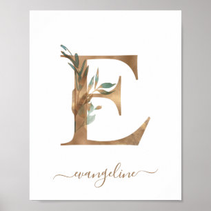 Monogramm-Wasserfarbe-Blumen-Gold-Buchstabe E-Plak Poster
