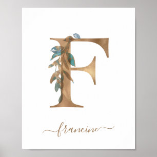 Monogramm-Wasserfarbe-Blumen-Gold-Buchstabe F-Plak Poster