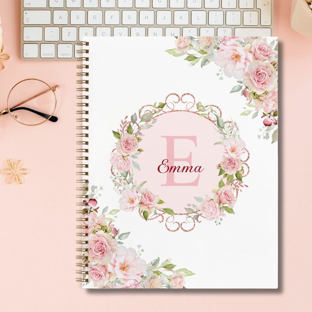 Monogramm-Wasserfarbe-Blush-Rosen-Blumen Floral Planer (In situ)
