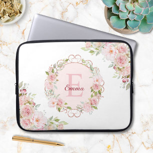 Monogramm-Wasserfarbe-Blush-Rosenblüten-Blumenflor Laptopschutzhülle