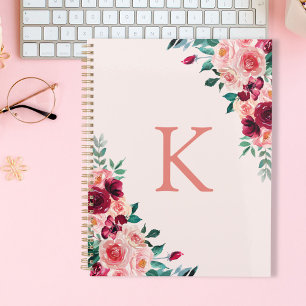 Monogramm Wasserfarbe Boho Rosa Burgunderrose Aufg Notizbuch