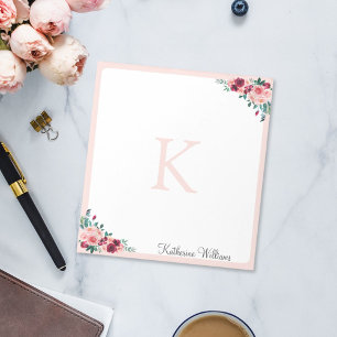 Monogramm Wasserfarbe Boho Rosa Burgunderrose Blum Notizblock
