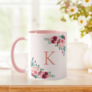 Monogramm Wasserfarbe Boho Rosa Burgunderrose Blum Tasse