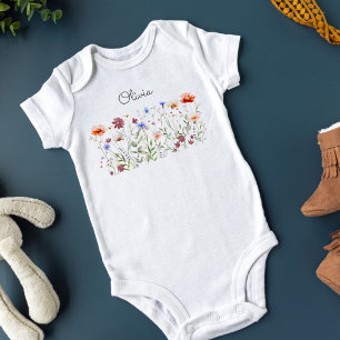 Monogramm Wasserfarbe Bunte Wildblumenwiese Baby Strampler