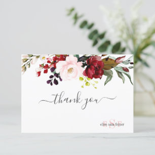 Monogramm-Wasserfarbe-Burgunder-Rosen Dankeskarte