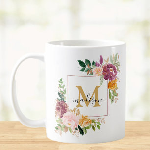Monogramm Wasserfarbe Farbige Rosen Blume Floral Kaffeetasse
