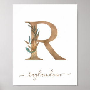 Monogramm Wasserfarbe Floral Gold Buchstabe R Poster