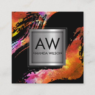 Monogramm Wasserfarbe gebürstet   Metallbanner Quadratische Visitenkarte