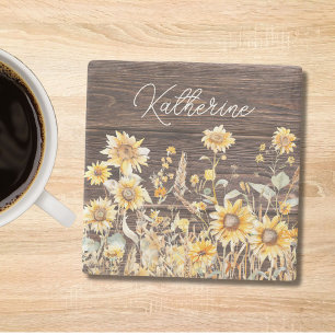 Monogramm-Wasserfarbe-Gelbes-Sonnenblumenfeld-Holz Steinuntersetzer