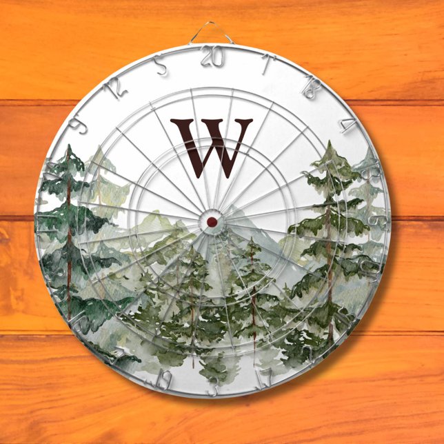 Monogramm-Wasserfarbe Kiefernwald & Berg Rustikal Dartscheibe (In situ)