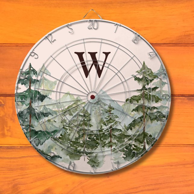 Monogramm-Wasserfarbe Kiefernwald & Berg Rustikal Dartscheibe (In situ)