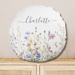 Monogramm-Wasserfarbe-Ländliche schöne Wildblumenw Rundes Kissen