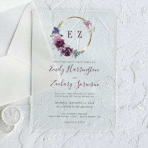 Monogramm Wasserfarbe Lila Floral Kranz Hochzeit Acryleinladungen
